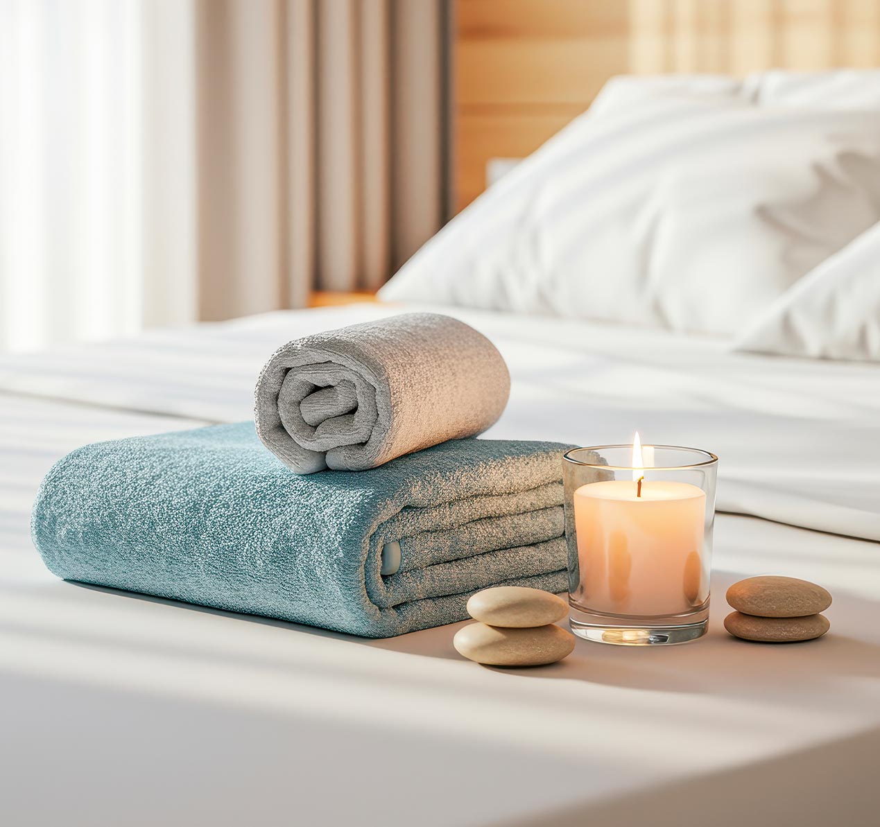 Cama, mesa e banho